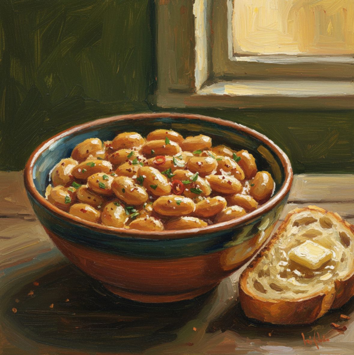 Oil painting of beans with herbs in a bowl with bread