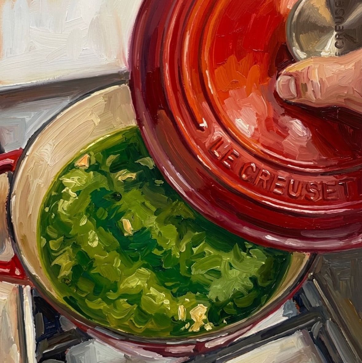 Oil painting of a Le Creuset pot with greens
