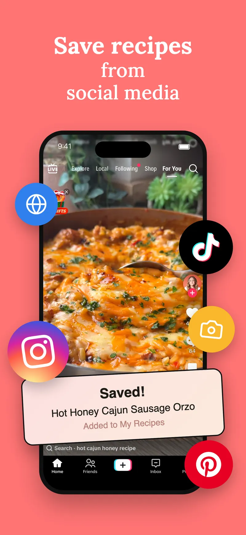 Aldenté on iPhone showing a Saved! card for a recipe added to My Recipes, with icons for the sources it saves from, including photos