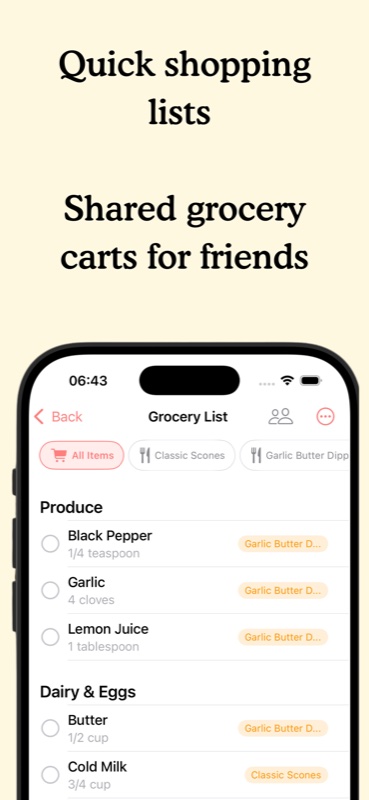 Aldenté grocery list — auto-built from your meal plan, organized by aisle