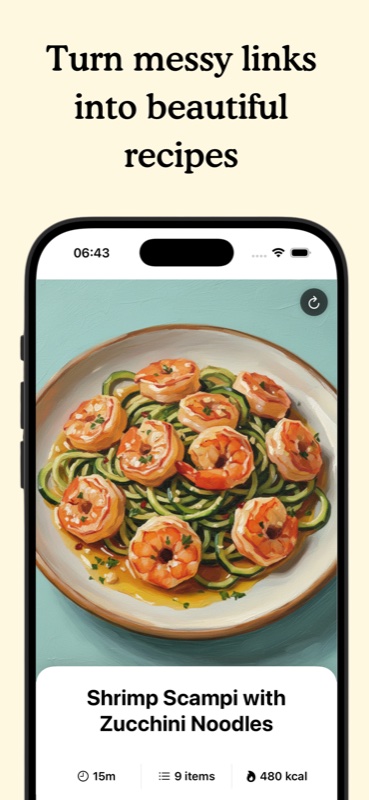 A recipe in the Aldenté app — clean photo, ingredients list, step-by-step instructions